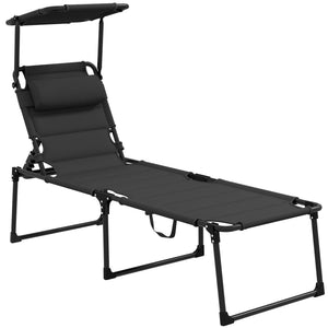 Bain de soleil, chaise longue pliante avec pare-soleil, appuie-tête en tissu Oxford, transat jardin extérieur inclinable de plage camping piscine terrasse 70 x 200 x 45 cm, noir