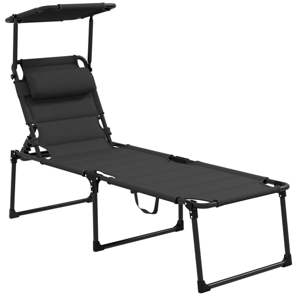 Bain de soleil, chaise longue pliante avec pare-soleil, appuie-tête en tissu Oxford, transat jardin extérieur inclinable de plage camping piscine terrasse 70 x 200 x 45 cm, noir