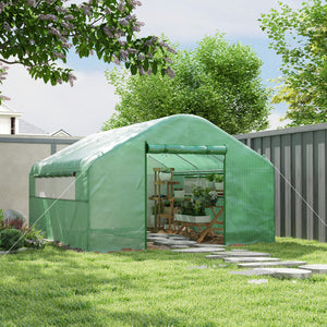 Serre de jardin 12 m², serre tunnel de jardin 4 x 3 x 2 m avec portes enroulables et grandes fenêtres en maille, serre en acier galvanisé et PE haute densité 140 g/m² résistante aux UV, vert