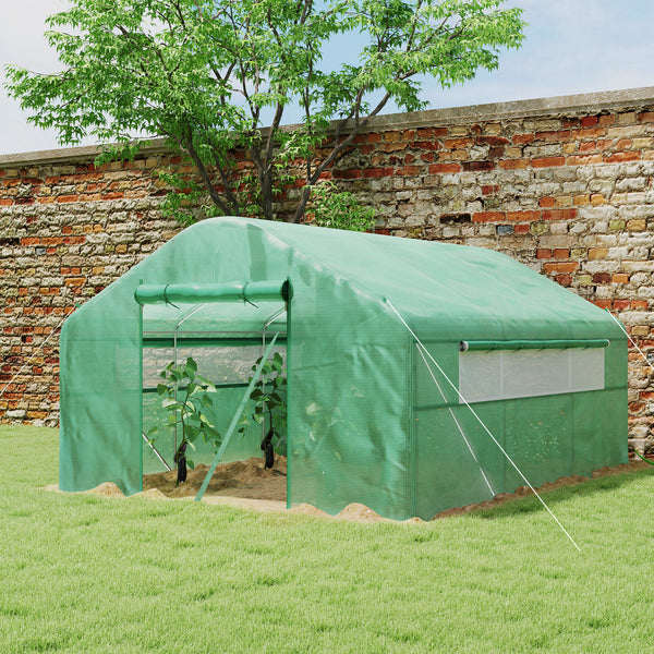 Serre de jardin 12 m², serre tunnel de jardin 4 x 3 x 2 m avec portes enroulables et grandes fenêtres en maille, serre en acier galvanisé et PE haute densité 140 g/m² résistante aux UV, vert