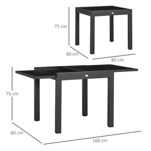 Table extensible de jardin grande taille dim. dépliées 160 x 80 x 75 cm foncé plateau verre trempé noir aluminium gris