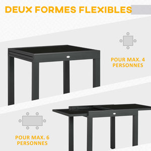 Table extensible de jardin grande taille dim. dépliées 160 x 80 x 75 cm foncé plateau verre trempé noir aluminium gris