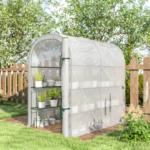 Serre de jardin avec étagères, 123 x 187 x 189 cm, petite serre avec porte enroulable, bâche PE haute densité 140 g/m², prolongée de 10 cm, blanc