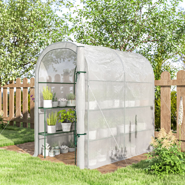 Serre de jardin avec étagères, 123 x 187 x 189 cm, petite serre avec porte enroulable, bâche PE haute densité 140 g/m², prolongée de 10 cm, blanc