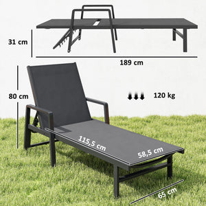 Chaise Longue Jardin Réglable à 4 Positions avec Roues et Accoudoirs, en Textilène et Aluminium, Bain de Soleil pour Terrasse Piscine Jardin Plage, 65x189x80cm, Gris Foncé