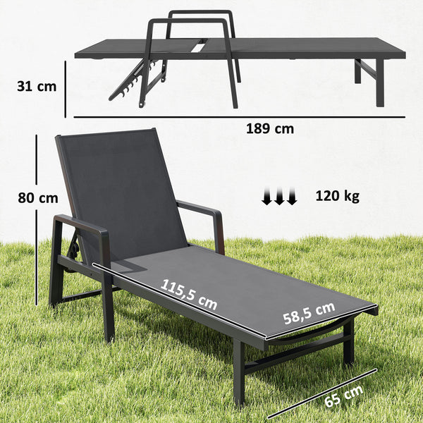 Chaise Longue Jardin Réglable à 4 Positions avec Roues et Accoudoirs, en Textilène et Aluminium, Bain de Soleil pour Terrasse Piscine Jardin Plage, 65x189x80cm, Gris Foncé