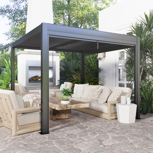 Pergola jardin extérieur en aluminium 3 x 3 m pergola bioclimatique à toit réglable avec rideaux, système de drainage caché, tonnelle de jardin anti-UV 90+ pour terrasse patio cour, gris