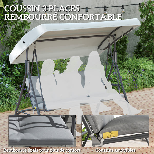 Balancelle de Jardin 3 Places Grand Confort Toit Inclinaison réglable épais Coussins Amovibles Polyester Acier époxy gris clair