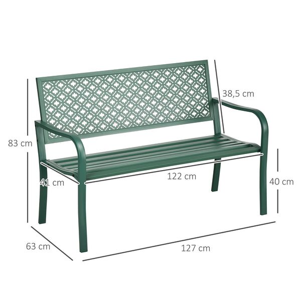 Banc de jardin, banc extérieur jardin en acier, avec dossier à motif floral, accoudoirs, pour 2 personnes, pour jardin, balcon, charge max. 240 kg, vert foncé