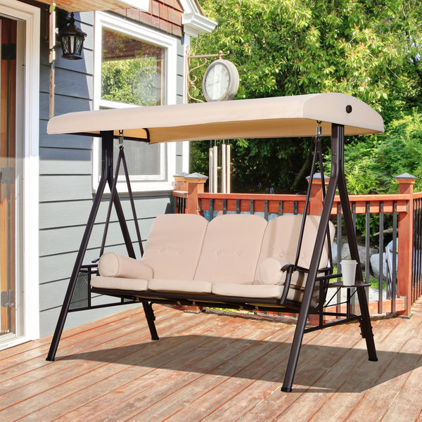 Balancelle de Jardin 3 Places Grand Confort Toit Inclinaison réglable Coussins Plateaux rétractables Polyester filé beige