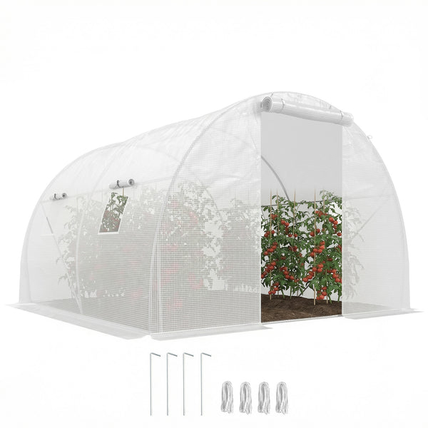 Serre de Jardin Tunnel 9 m² 3L x 3l x 2H m - 4 fenêtres, Porte zippée Enroulable - châssis Tubulaire Acier galvanisé, bâche PE Haute densité Blanc