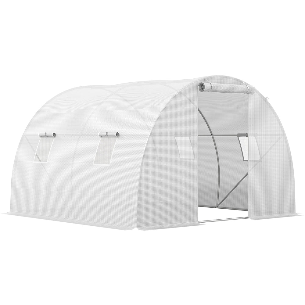 Serre de Jardin Tunnel 9 m² 3L x 3l x 2H m - 4 fenêtres, Porte zippée Enroulable - châssis Tubulaire Acier galvanisé, bâche PE Haute densité Blanc