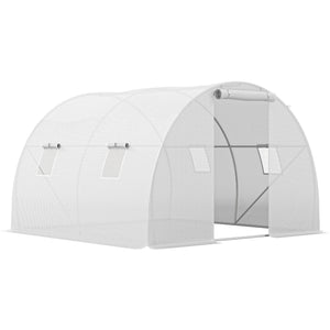 Serre de Jardin Tunnel 9 m² 3L x 3l x 2H m - 4 fenêtres, Porte zippée Enroulable - châssis Tubulaire Acier galvanisé, bâche PE Haute densité Blanc