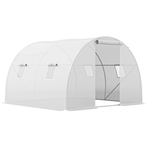 Serre de Jardin Tunnel 9 m² 3L x 3l x 2H m - 4 fenêtres, Porte zippée Enroulable - châssis Tubulaire Acier galvanisé, bâche PE Haute densité Blanc