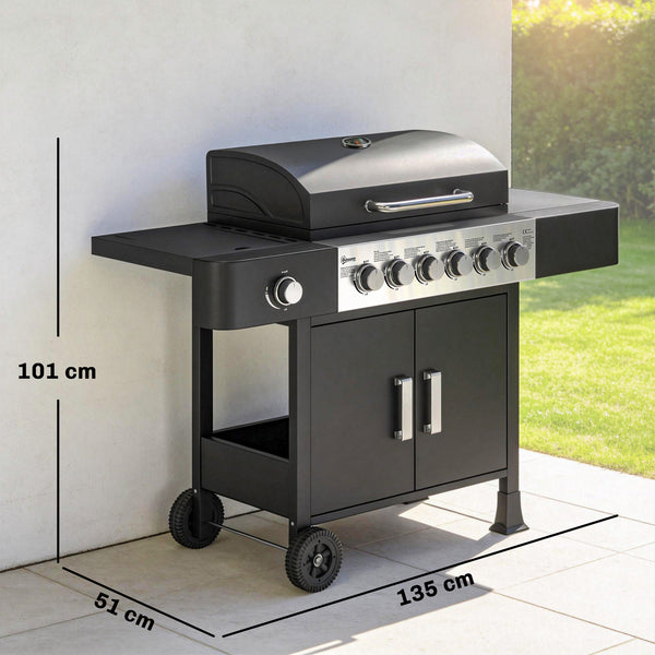 Barbecue à gaz 6+1 brûleurs, chariot portable avec roues, grille de maintien au chaud, thermomètre intégré, étagères latérales, placard, couvercle, noir