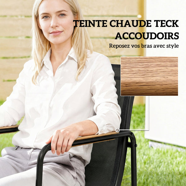 Ensemble de Salle à Manger d'Extérieur 7 Pièces pour 6 Personnes, Table en Verre et Chaises avec Accoudoirs Décoratifs, Mobilier de Jardin en Acier pour Terrasse et Jardin, Noir