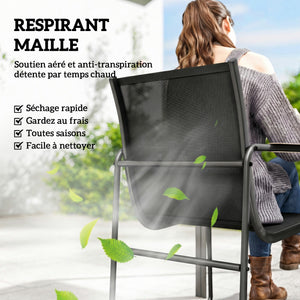 Ensemble de Salle à Manger d'Extérieur 7 Pièces pour 6 Personnes, Table en Verre et Chaises avec Accoudoirs Décoratifs, Mobilier de Jardin en Acier pour Terrasse et Jardin, Noir