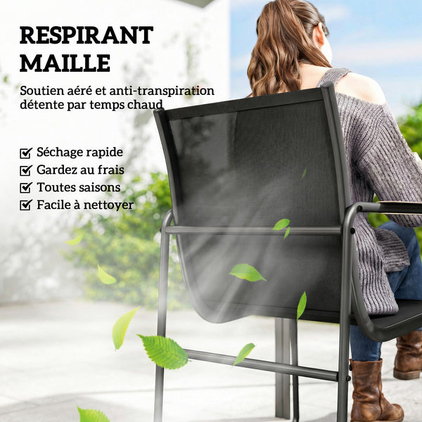 Ensemble de Salle à Manger d'Extérieur 7 Pièces pour 6 Personnes, Table en Verre et Chaises avec Accoudoirs Décoratifs, Mobilier de Jardin en Acier pour Terrasse et Jardin, Noir