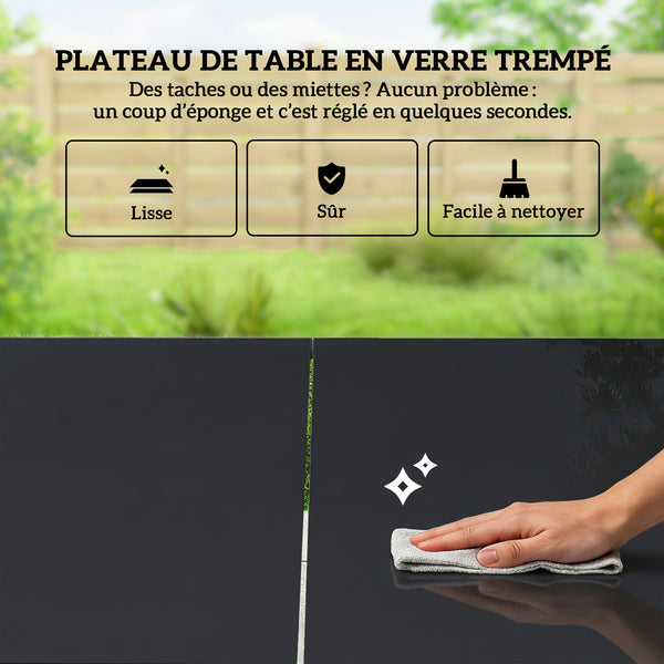 Ensemble de Salle à Manger d'Extérieur 7 Pièces pour 6 Personnes, Table en Verre et Chaises avec Accoudoirs Décoratifs, Mobilier de Jardin en Acier pour Terrasse et Jardin, Noir