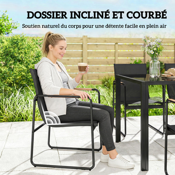 Ensemble de Salle à Manger d'Extérieur 7 Pièces pour 6 Personnes, Table en Verre et Chaises avec Accoudoirs Décoratifs, Mobilier de Jardin en Acier pour Terrasse et Jardin, Noir