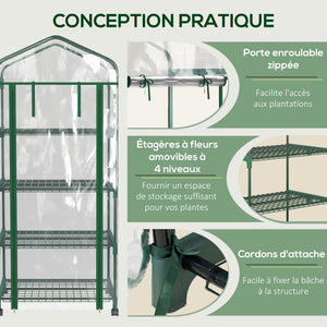 Serre de jardin avec étagères 4 niveaux, serre de balcon, bâche renforcée, châssis en acier, porte zippée, pour légumes plantes fleurs, intérieur et extérieur, 69 x 50 x 165 cm, transparent