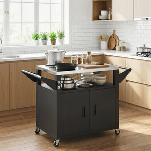 Chariot Barbecue Extérieur avec Plateau en Acier Inoxydable, Support à Pizza à 3 Étagères avec Placard de Rangement, Chariot BBQ Mobile sur Roulettes, Noir