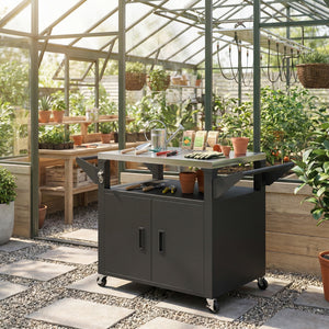 Chariot Barbecue Extérieur avec Plateau en Acier Inoxydable, Support à Pizza à 3 Étagères avec Placard de Rangement, Chariot BBQ Mobile sur Roulettes, Noir