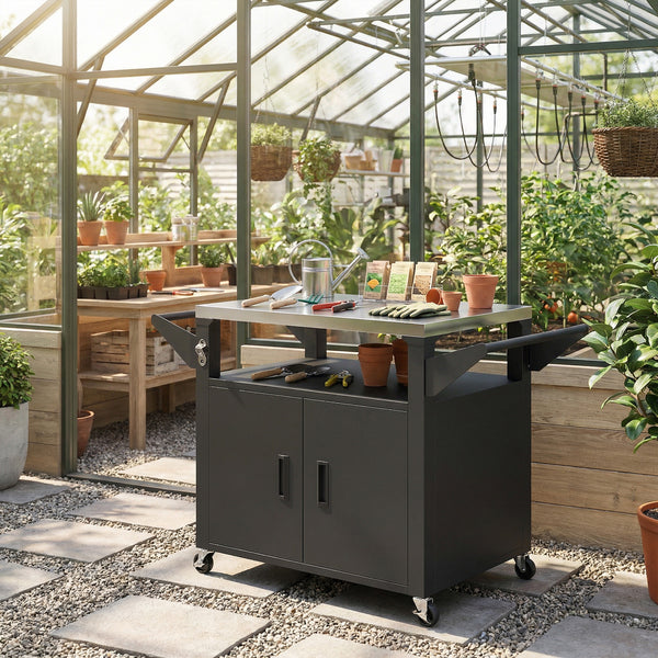 Chariot Barbecue Extérieur avec Plateau en Acier Inoxydable, Support à Pizza à 3 Étagères avec Placard de Rangement, Chariot BBQ Mobile sur Roulettes, Noir