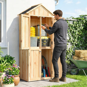 Armoire de Jardin en Bois, Abri à Outils 190cm et 4 Portes - Rangement Extérieur Toit en Pointe en Asphalte - Cabane de Jardin avec Étagères Amovibles pour Terrasse Balcon, Bois Naturel