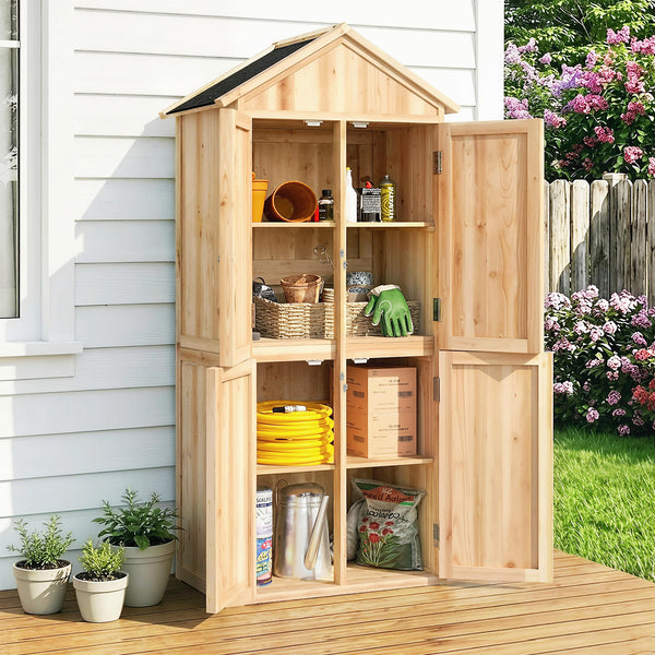 Armoire de Jardin en Bois, Abri à Outils 190cm et 4 Portes - Rangement Extérieur Toit en Pointe en Asphalte - Cabane de Jardin avec Étagères Amovibles pour Terrasse Balcon, Bois Naturel