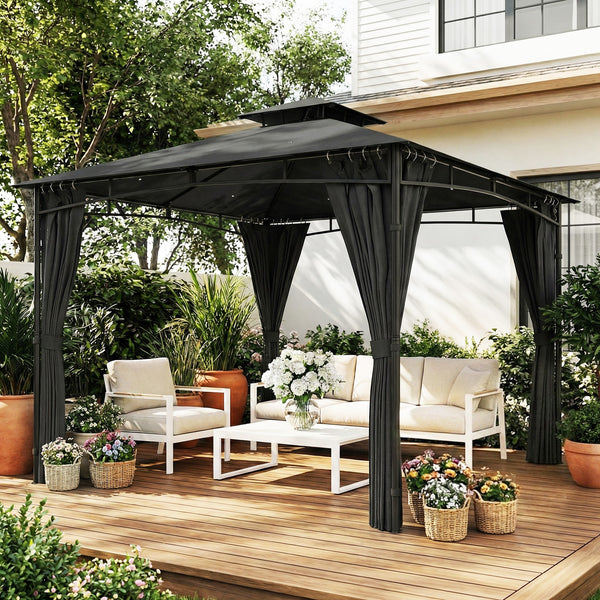 Tonnelle de Jardin Extérieur 3x3m Pavillon Métal Ø 48mm - Cadre de Toit Rétractable & Double Toit UV50+ - Abri de Jardin Imperméable Robuste pour 6-8 Personnes, Gris Anthracite