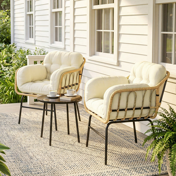 Salon de Jardin Extérieur 3 Pièces en Résine Tressée, Table Basse en Verre Trempé, 2 Fauteuils avec 2 Coussins, Mobilier de Jardin pour Balcon Terrasse Patio, Kaki