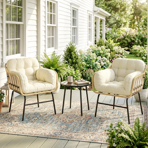 Salon de Jardin Extérieur 3 Pièces en Résine Tressée, Table Basse en Verre Trempé, 2 Fauteuils avec 2 Coussins, Mobilier de Jardin pour Balcon Terrasse Patio, Kaki