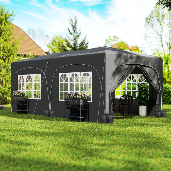 Tonnelle de jardin extérieure 3 x 6 m, tonnelle pliante pop up, hauteur réglable, sac de transport et sacs de sable, protection UPF50+, barnum pliant pour camping, festival, patio, gris foncé