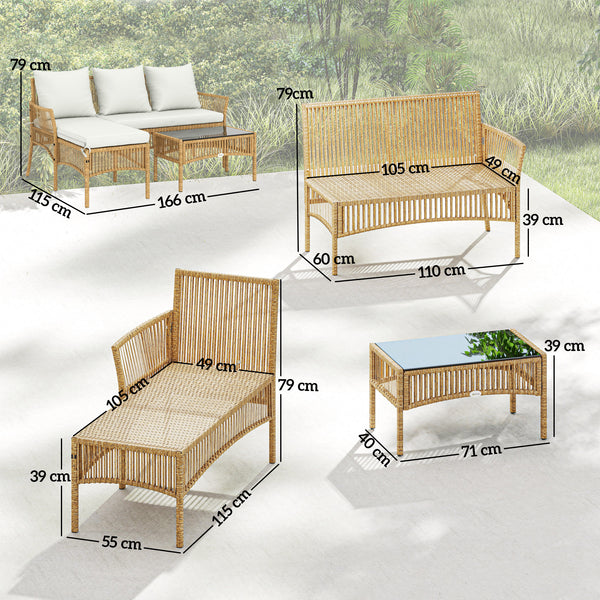 Salon de jardin extérieur d'angle 4 places en résine tressée, canapé 2 places, chaise longue, table basse, plateau en verre trempé et coussins, mobilier de jardin, terrasse, patio, crème