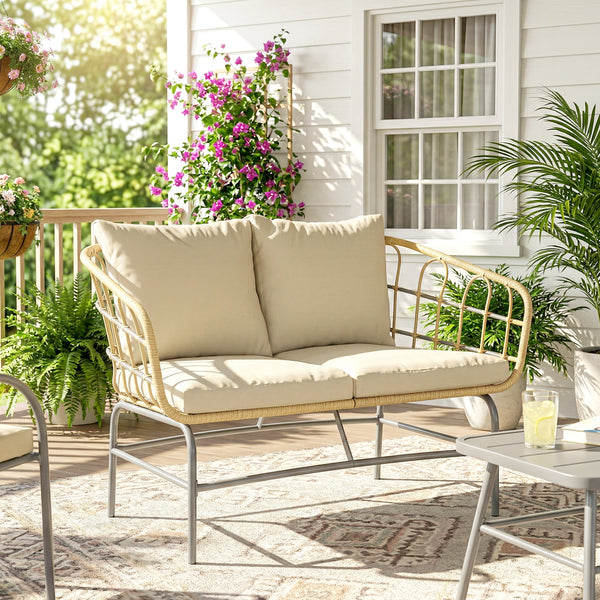 Canapé de Jardin 2 Places en Résine Tressée - Salon de Jardin Extérieur avec Coussins Épais Anti-glisse - Banquette de Balcon et Terrasse en Rotin Design pour Mobilier de Jardin, Marron