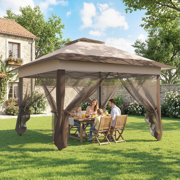 Tonnelle de jardin extérieur tonnelle pliante 3,6x3,6m avec double toit acier polyester moustiquaires + sac de transport à roulettes kaki marron
