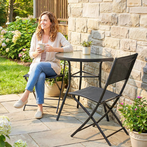 Ensemble de Salon de Jardin Bistrot 3 Pièces, Mobilier de Terrasse avec Table Semi-circulaire, 2 Chaises Pliantes, Maille, Cadre Métallique, Idéal pour Balcon, Patio, Jardin, Noir
