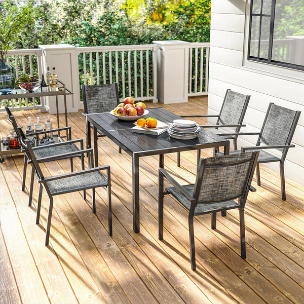 Salon de jardin extérieur 7 pièces, table de jardin extérieure avec 6 chaises empilables, plateau à lattes 150 cm, structure en acier anti-rouille, mobilier de jardin, terrasse, patio, noir