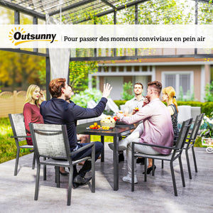 Salon de jardin extérieur 7 pièces, table de jardin extérieure avec 6 chaises empilables, plateau à lattes 150 cm, structure en acier anti-rouille, mobilier de jardin, terrasse, patio, noir