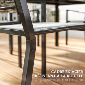 Salon de jardin extérieur 7 pièces, table de jardin extérieure avec 6 chaises empilables, plateau à lattes 150 cm, structure en acier anti-rouille, mobilier de jardin, terrasse, patio, noir