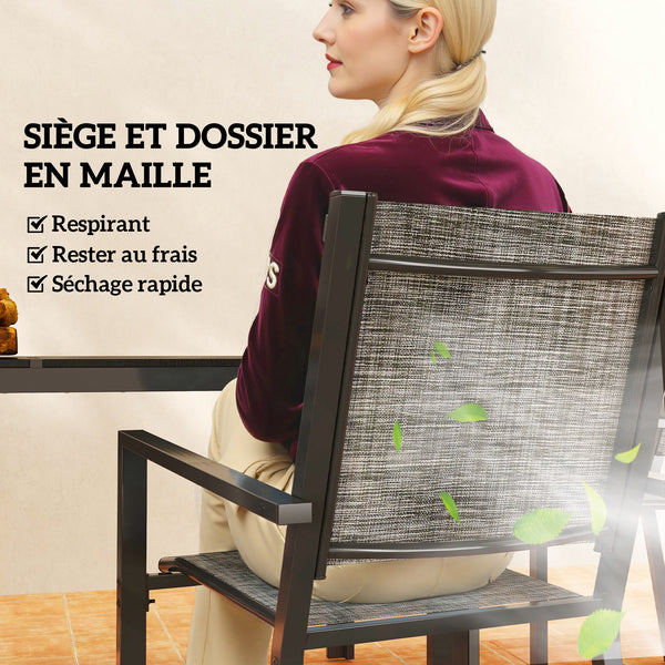 Salon de jardin extérieur 7 pièces, table de jardin extérieure avec 6 chaises empilables, plateau à lattes 150 cm, structure en acier anti-rouille, mobilier de jardin, terrasse, patio, noir