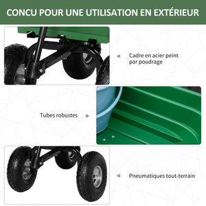 Chariot de jardin 100L charge 250 kg, 4 roues pneumatiques, poignée réglable, remorque à main pour extérieur cadre en acier vert