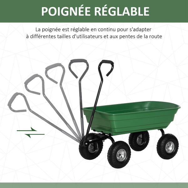 Chariot de jardin 100L charge 250 kg, 4 roues pneumatiques, poignée réglable, remorque à main pour extérieur cadre en acier vert