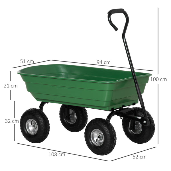 Chariot de jardin 100L charge 250 kg, 4 roues pneumatiques, poignée réglable, remorque à main pour extérieur cadre en acier vert