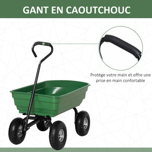 Chariot de jardin 100L charge 250 kg, 4 roues pneumatiques, poignée réglable, remorque à main pour extérieur cadre en acier vert