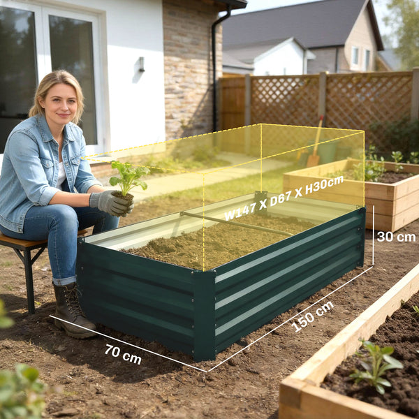 Jardinière rectangulaire potager de jardin bac à fleurs en acier avec bordure de sécurité et fond ouvert dim. 150L x 70l x 30H cm vert