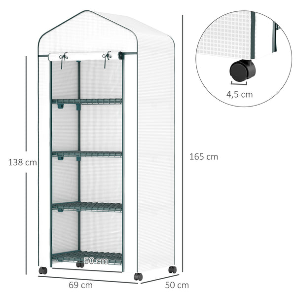 Serre de jardin avec étagères 4 niveaux, serre de balcon, bâche renforcée, châssis en acier, porte zippée, pour légumes plantes fleurs, intérieur et extérieur, 69 x 50 x 165 cm, blanc