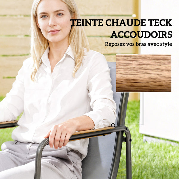 Ensemble de Salle à Manger d'Extérieur 7 Pièces pour 6 Personnes, Table en Verre et Chaises avec Accoudoirs Décoratifs, Mobilier de Jardin en Acier pour Terrasse, Gris