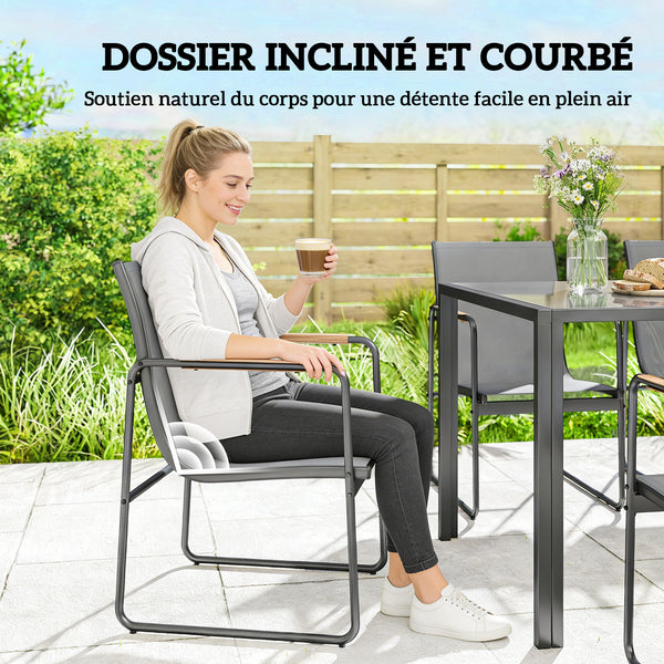 Ensemble de Salle à Manger d'Extérieur 7 Pièces pour 6 Personnes, Table en Verre et Chaises avec Accoudoirs Décoratifs, Mobilier de Jardin en Acier pour Terrasse, Gris